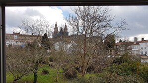A view of a church with two towers, surrounded by residential buildings and trees. - Hostal Costa Azul (Santiago de Compostela)