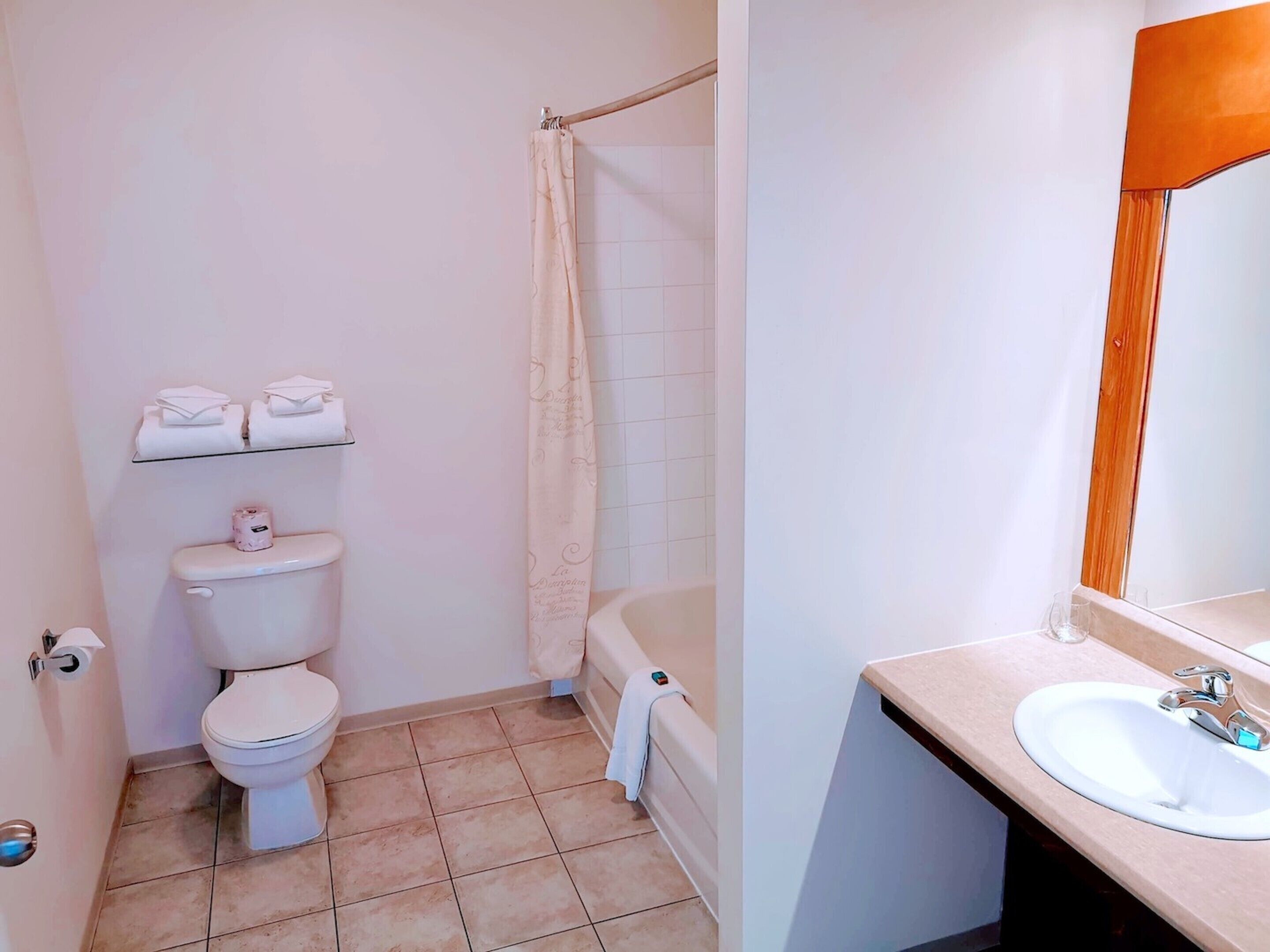 Un baño con inodoro, cortina de ducha, lavabo y espejo.