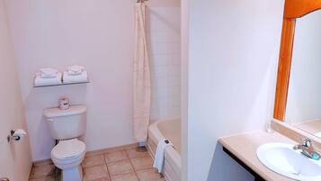 Un baño con inodoro, cortina de ducha, lavabo y espejo.