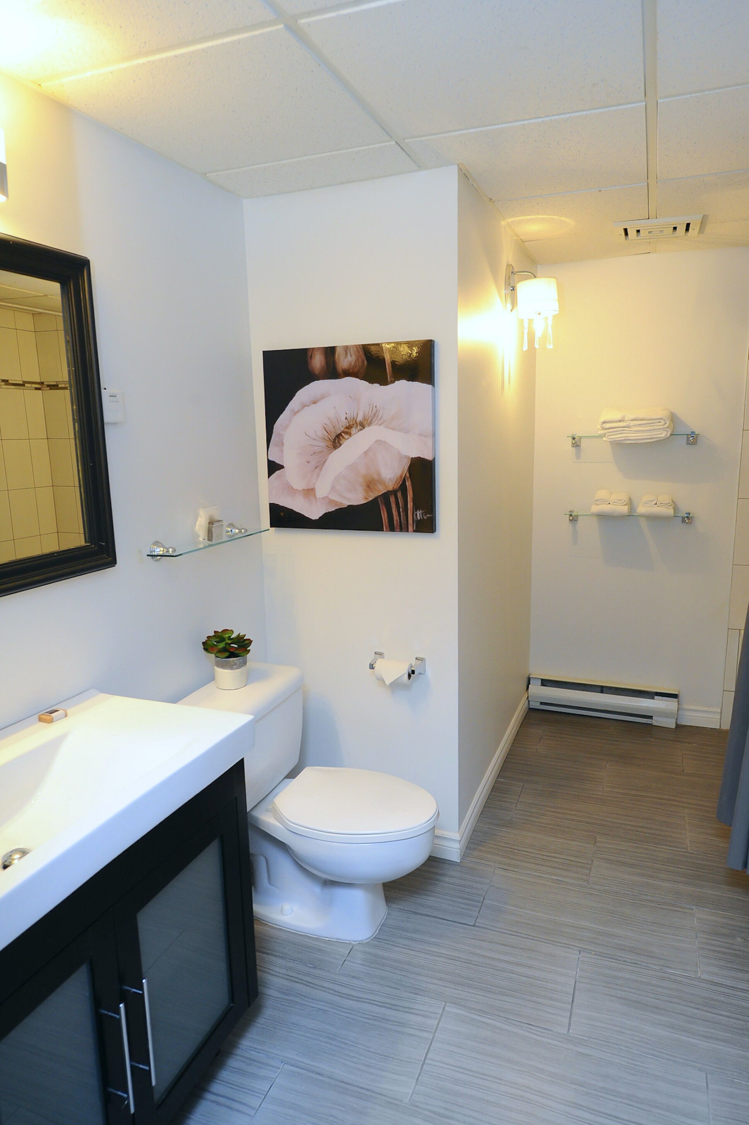 Un baño moderno con un inodoro blanco, un estante de vidrio con artículos de tocador, una planta en maceta y una obra de arte floral enmarcada en la pared.