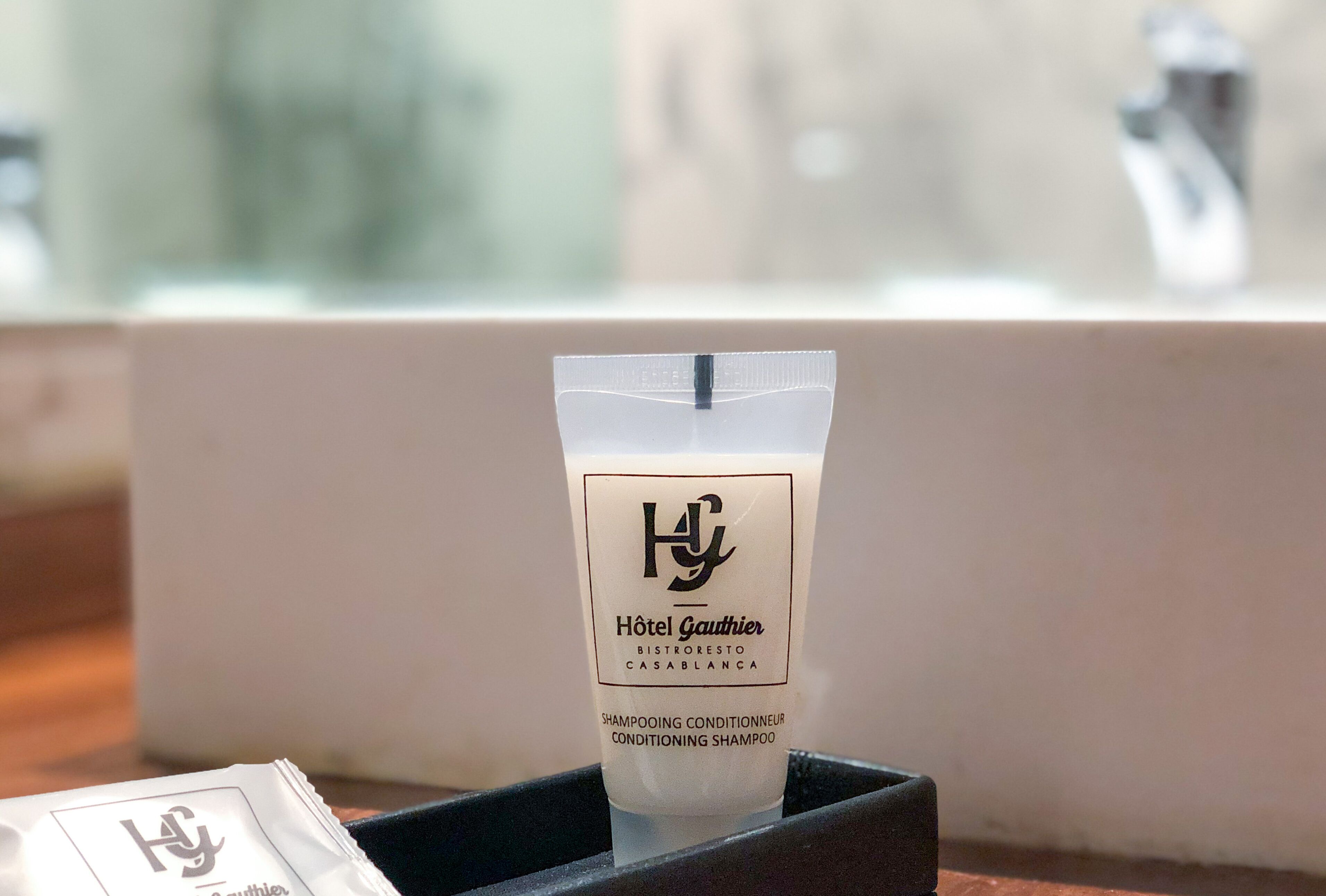 A Hotel Gauthier toiletries package in a black box.