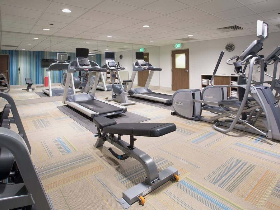 A gym with treadmills, elliptical machines, and weight benches.