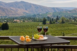 Ein Tisch mit einer Speiseplatte und zwei Weingläsern, vor einer Weinbergs- und Gebirgslandschaft.