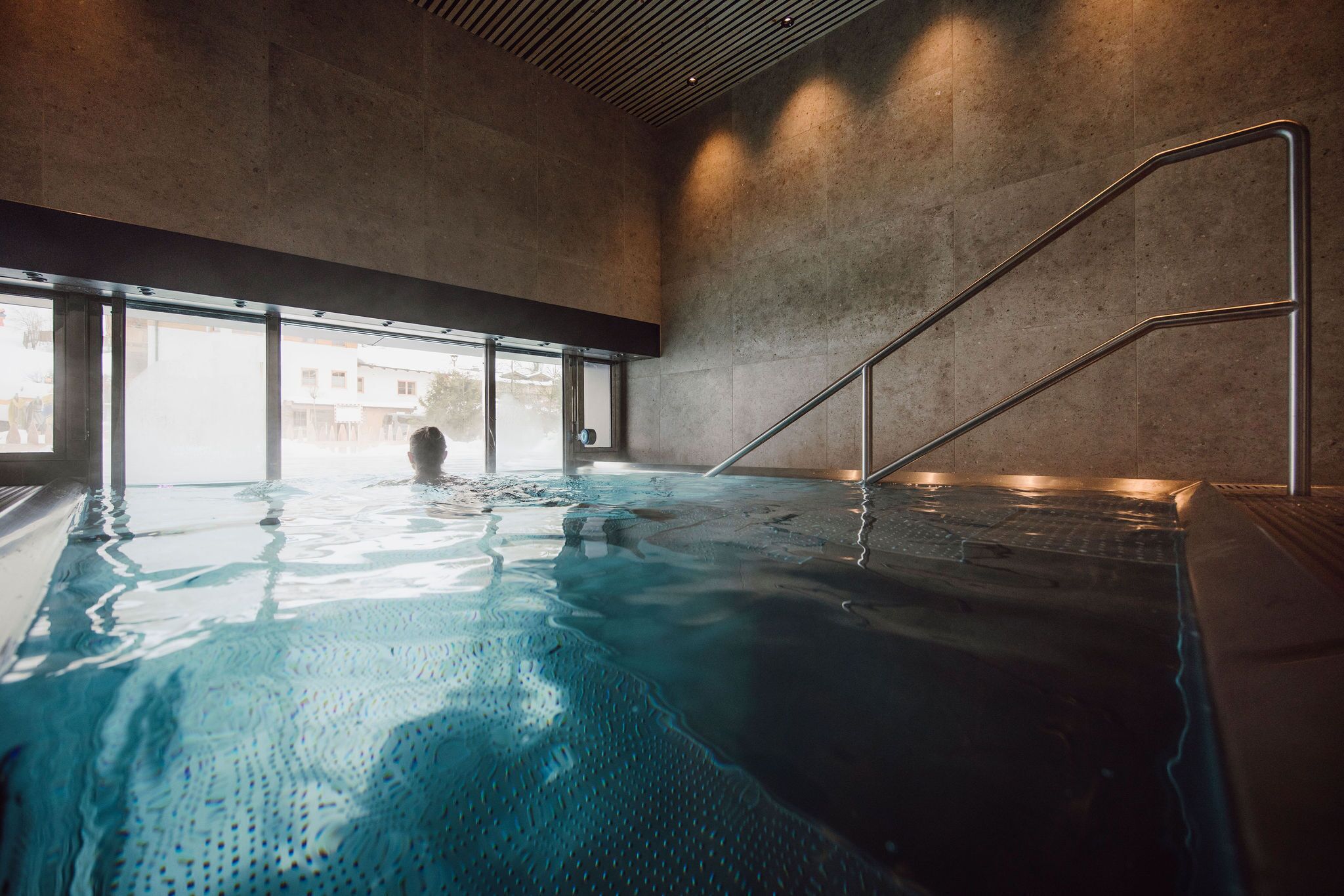 outdoor pool, pool umbrellas, pool loungers