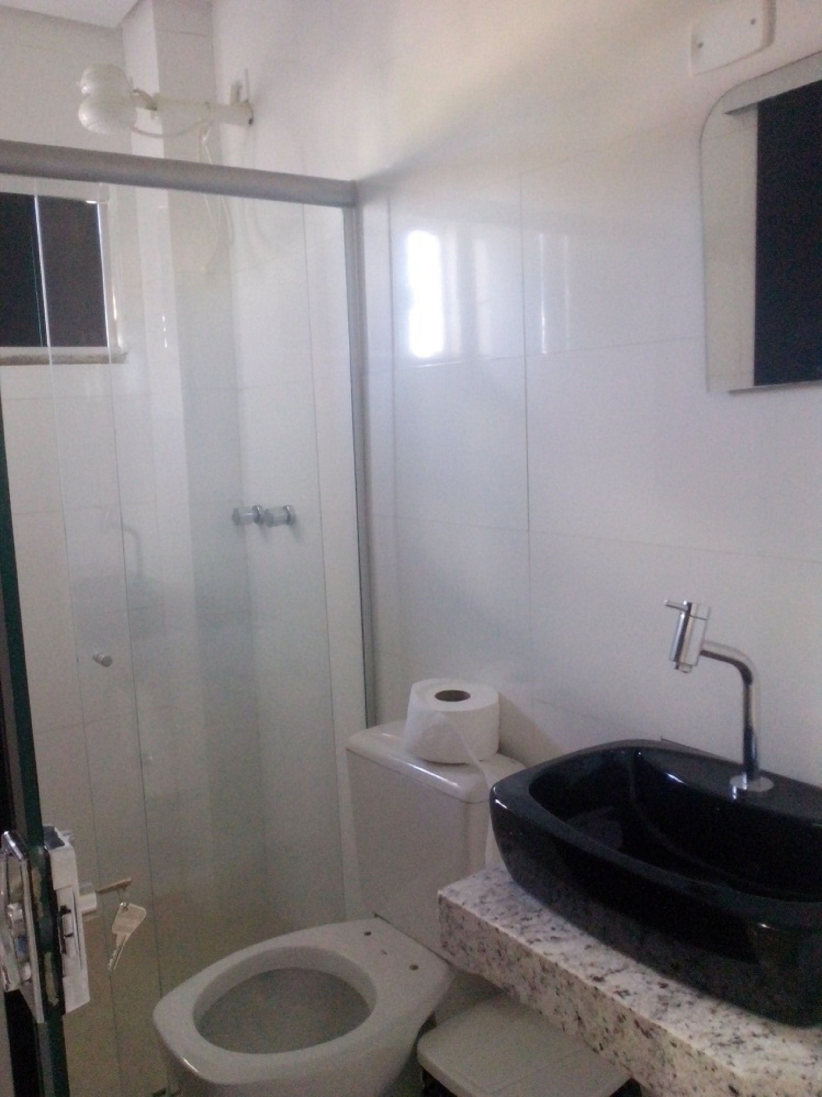A bathroom with a glass-enclosed shower, a toilet, and a sink with a black basin.