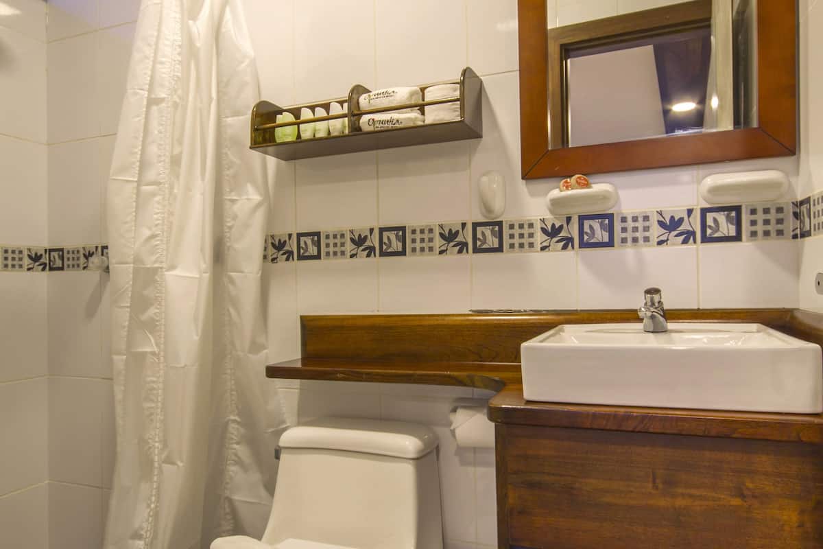 comfort double room, 1 double bed, ocean view | bathroom | shower, rainfall showerhead, hair dryer, towels