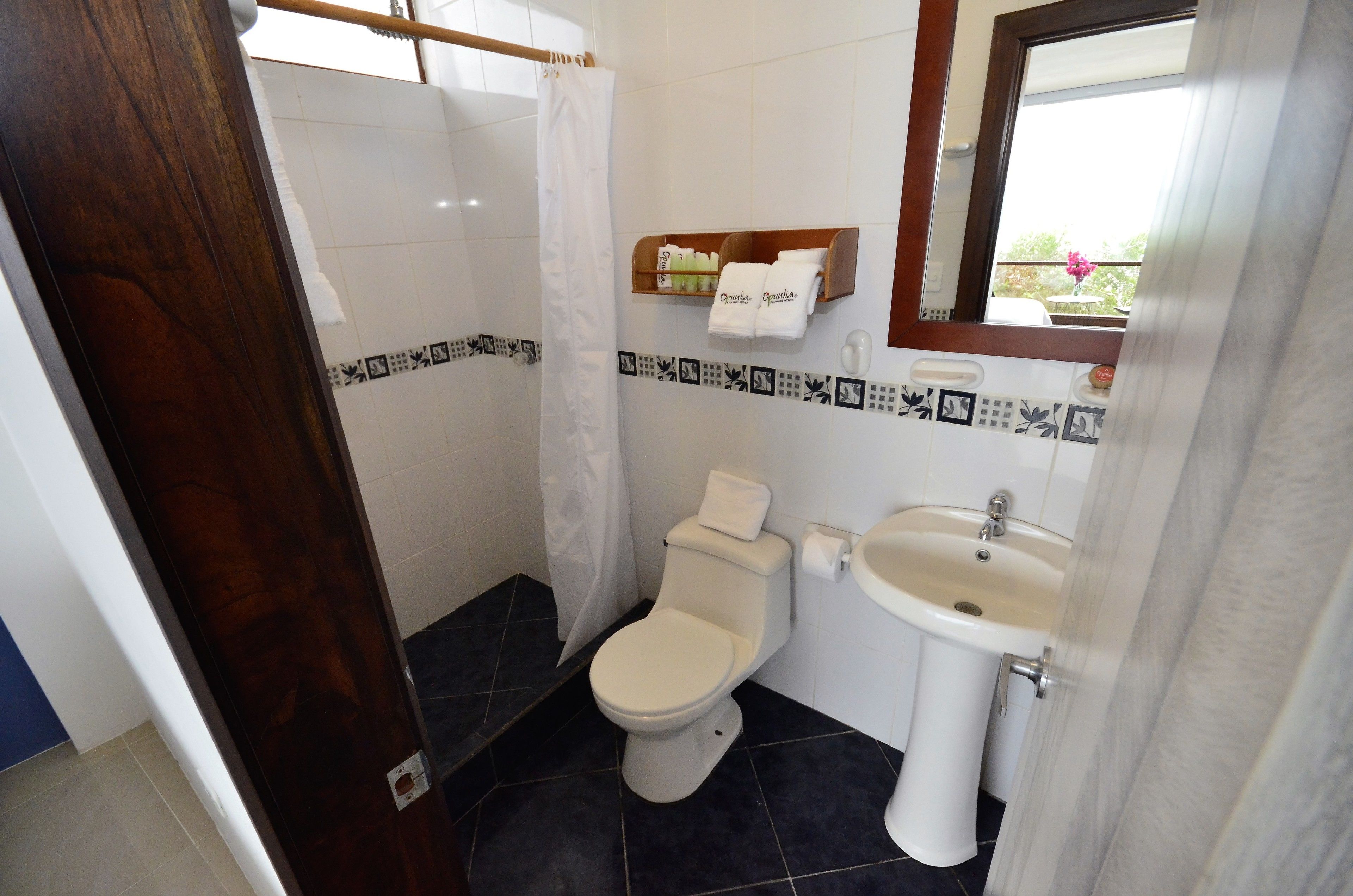 shower, rainfall showerhead, hair dryer, towels