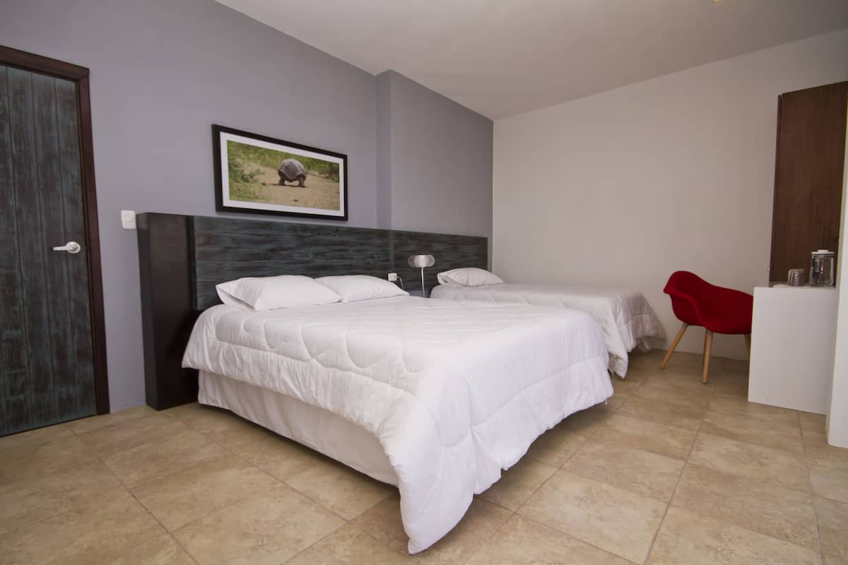 A bedroom with two beds, a desk, and a chair.