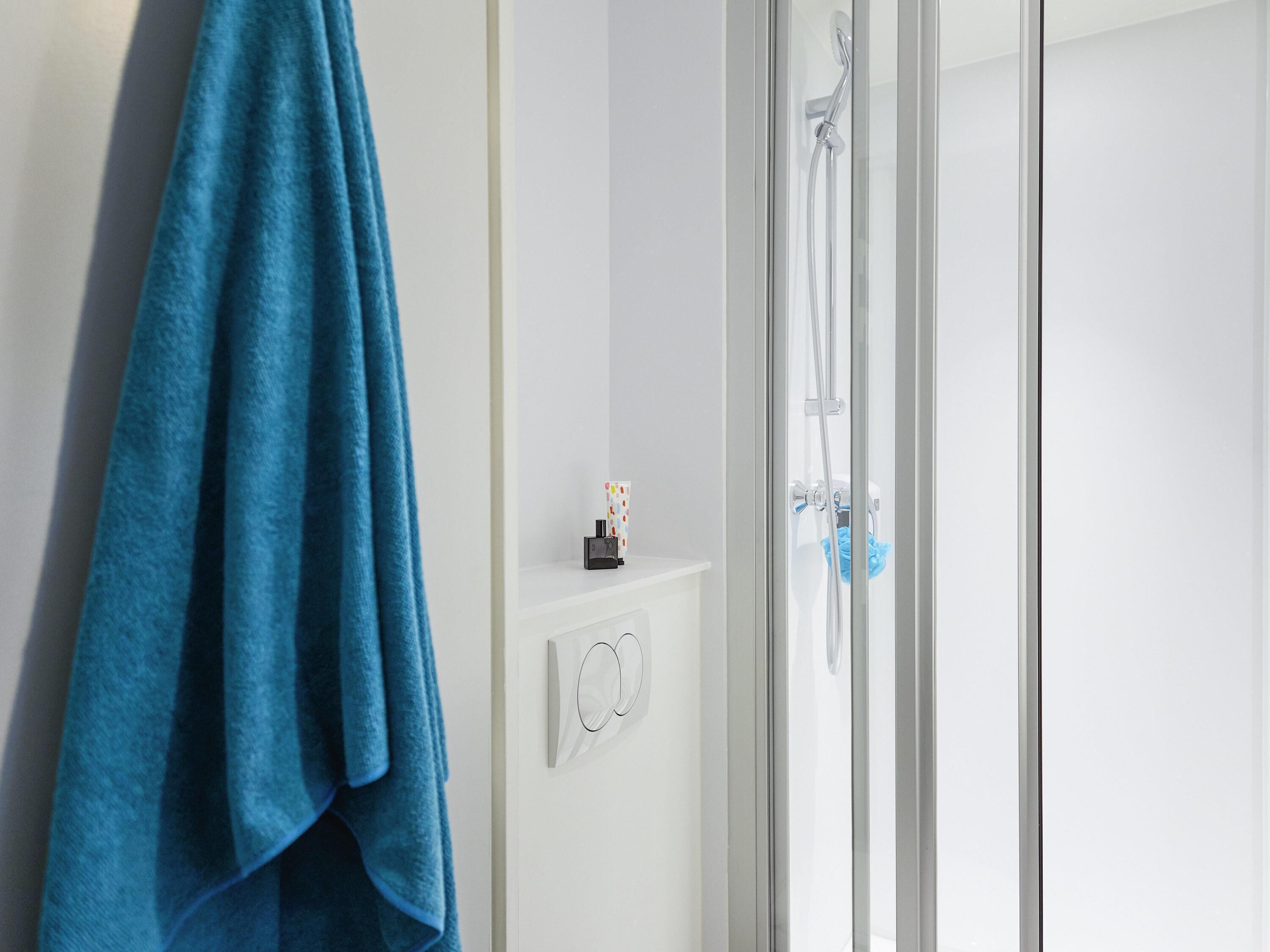 Ein Badezimmer mit einer Duschkabine aus Glas, einem Handtuchhalter mit einem blauen Handtuch und einer kleinen Ablage für Toilettenartikel.