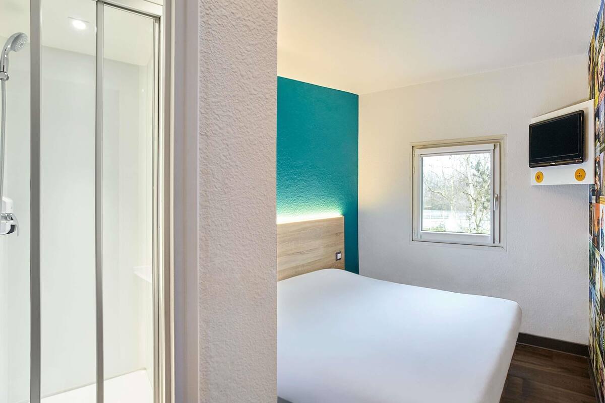 A hotel room with a bed, a window, a TV, and a shower area.