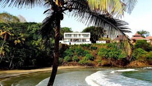 A beachfront property with a modern white building, lush greenery, and a palm tree. - The Marion Villa (Scarborough)
