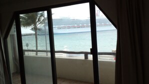 A view of a cruise ship named 'Carnival Triumph' from a balcony with a palm tree and a sign indicating no swimming. - Safari Inn (Cozumel)