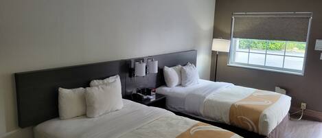 Desk, laptop workspace, blackout drapes, soundproofing