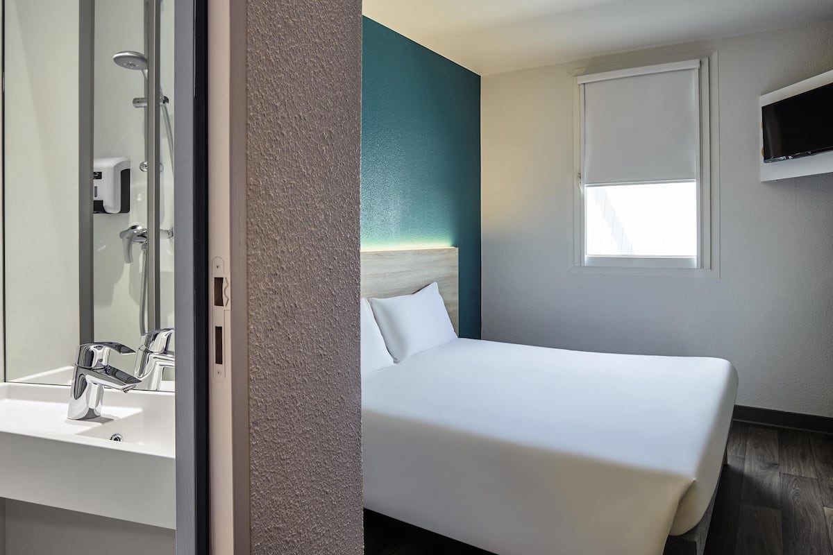 Une chambre d’hôtel comprenant un lit, une salle de bain avec un lavabo et une douche, un téléviseur fixé au mur et une fenêtre.