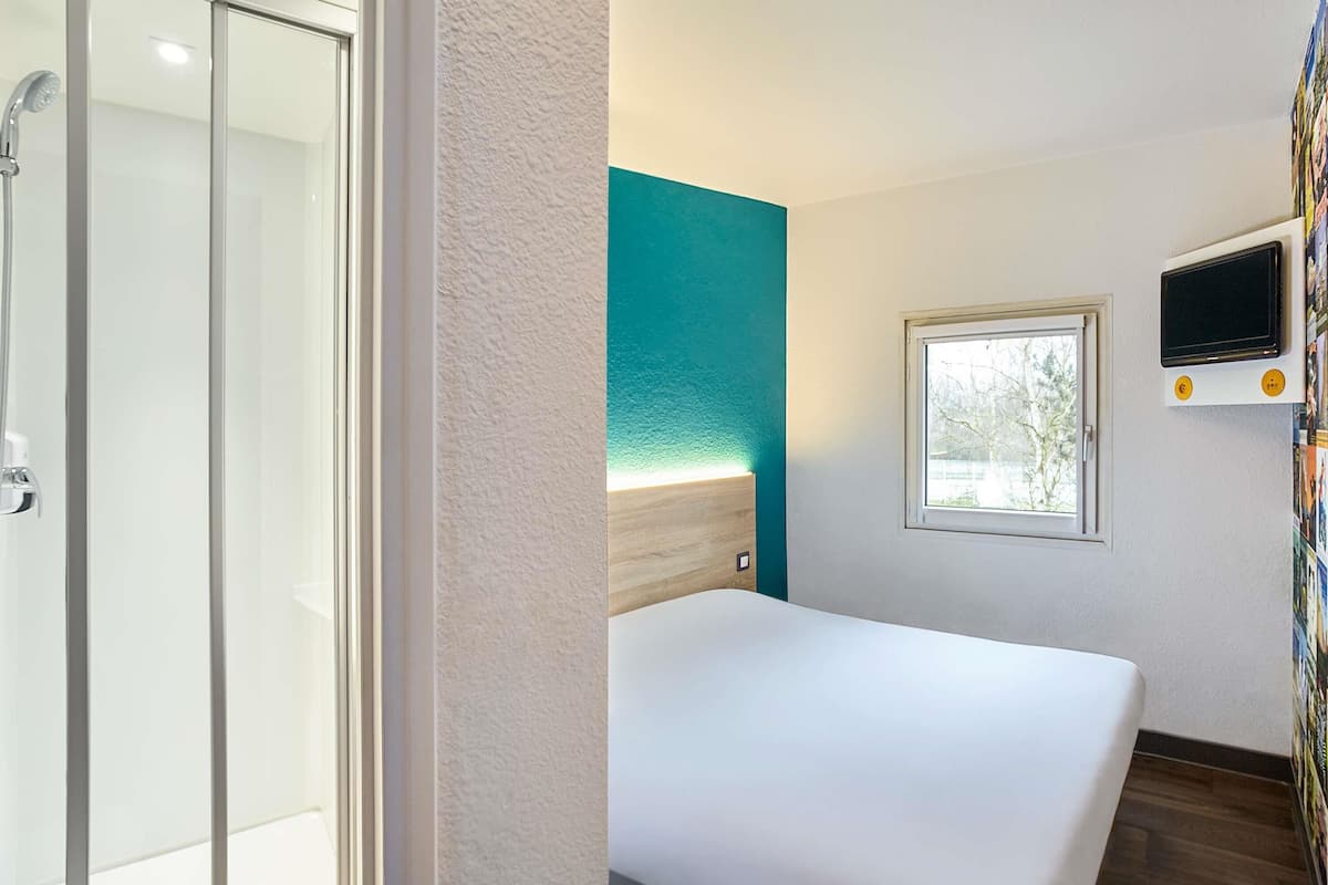 A hotel room with a bed, a window, a TV, and a shower area.