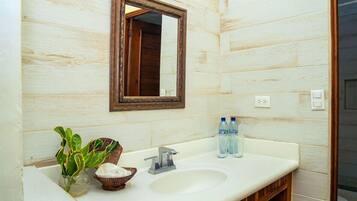 Un baño con pared de madera, un lavamanos blanco, un espejo, una planta y dos botellas de agua.