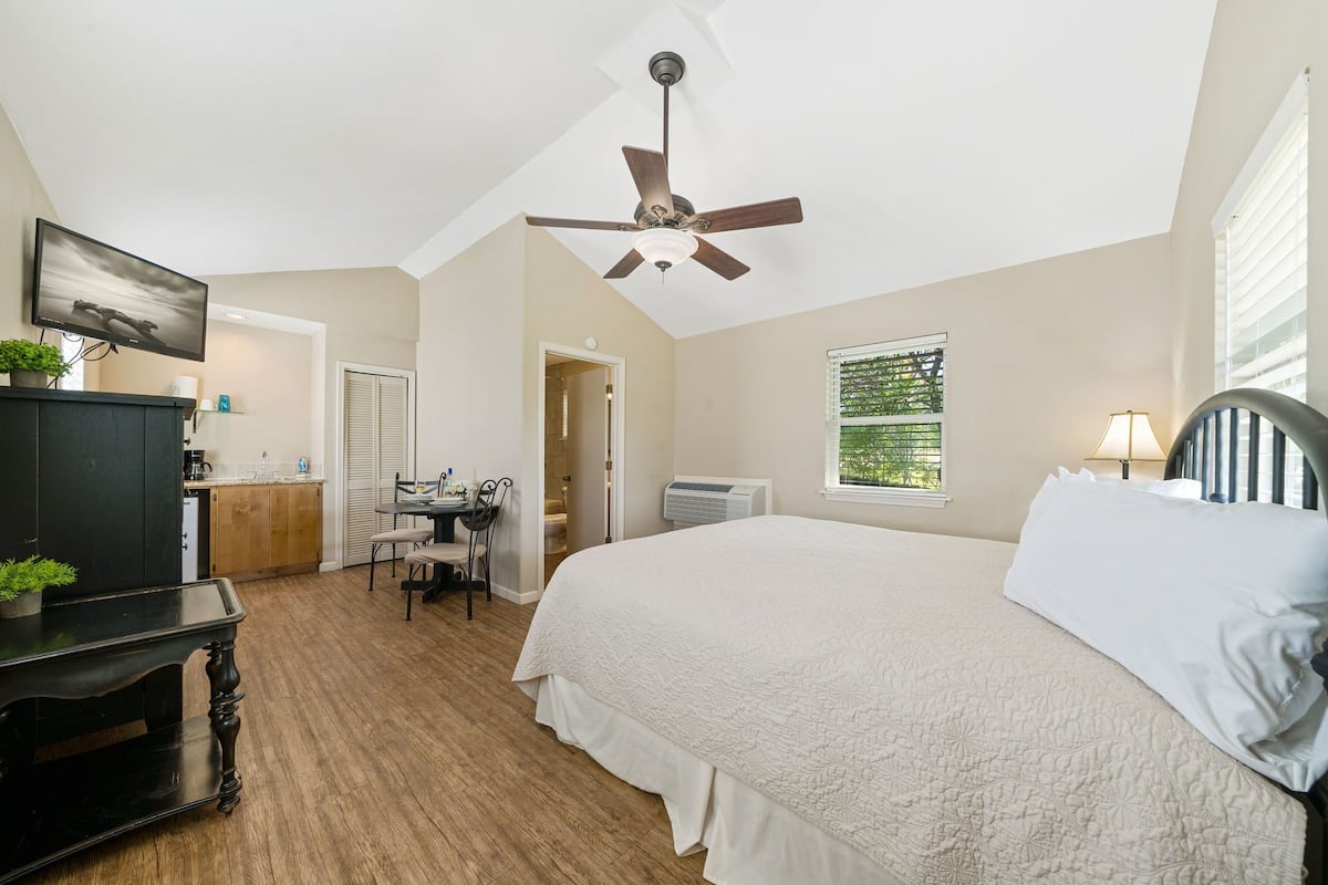 A bedroom with a bed, a ceiling fan, a desk with a chair, a television, and a window with blinds.