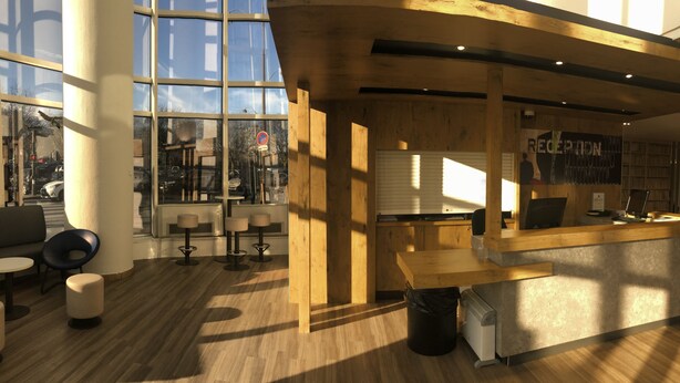 A modern interior with a reception desk, seating area, and large windows. - ibis budget Paris Porte de Montreuil (Montreuil)