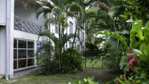 A modern building with large windows and a small garden area with various plants and a fence. - Boom Apartments (Paramaribo)