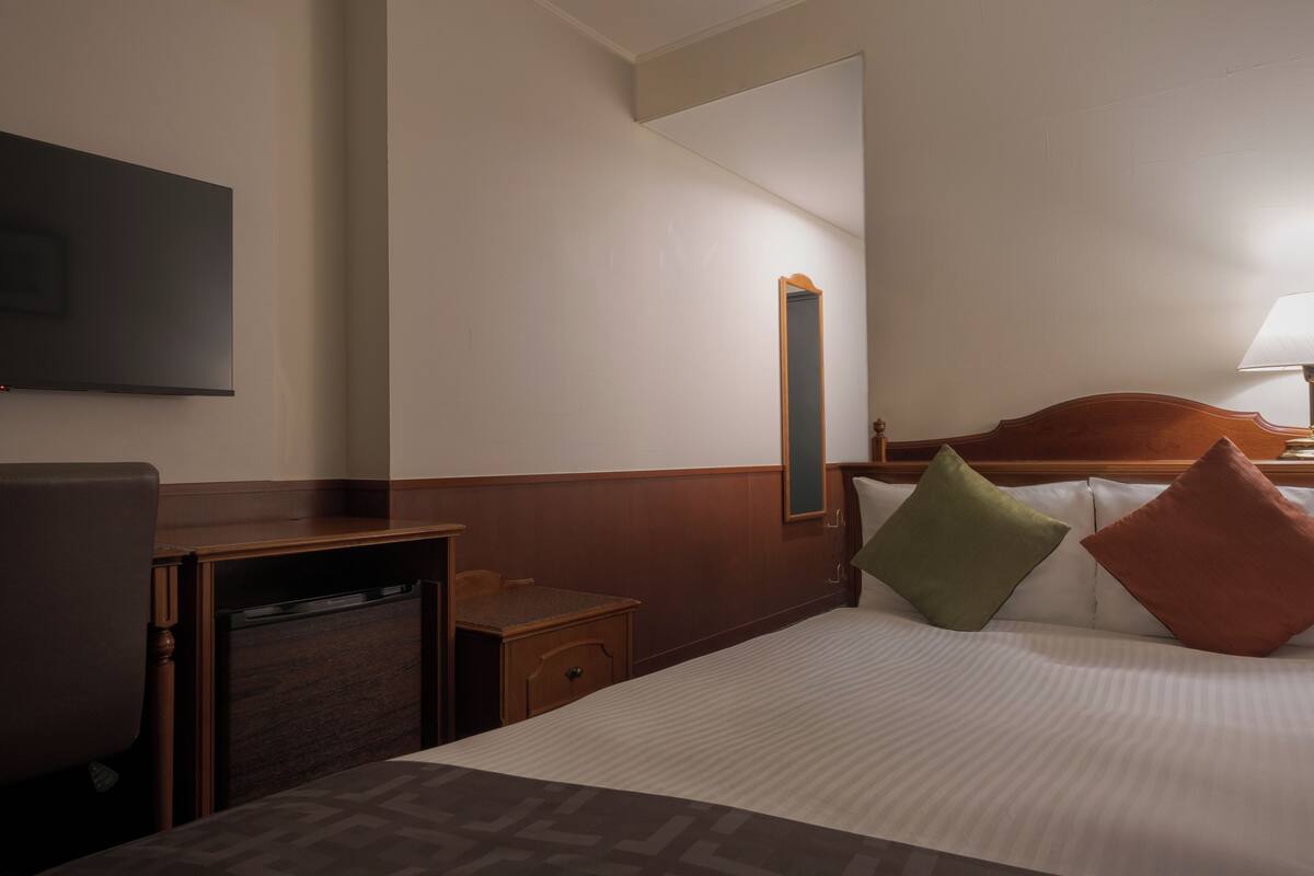 Una habitación de hotel con una cama, un escritorio, una silla, un televisor y una lámpara.
