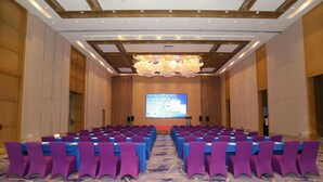 A conference room with rows of purple chairs, a large screen at the front, and a patterned carpet. - Sanya Shuangda Adelaide In Resort Hotel (Sanya)
