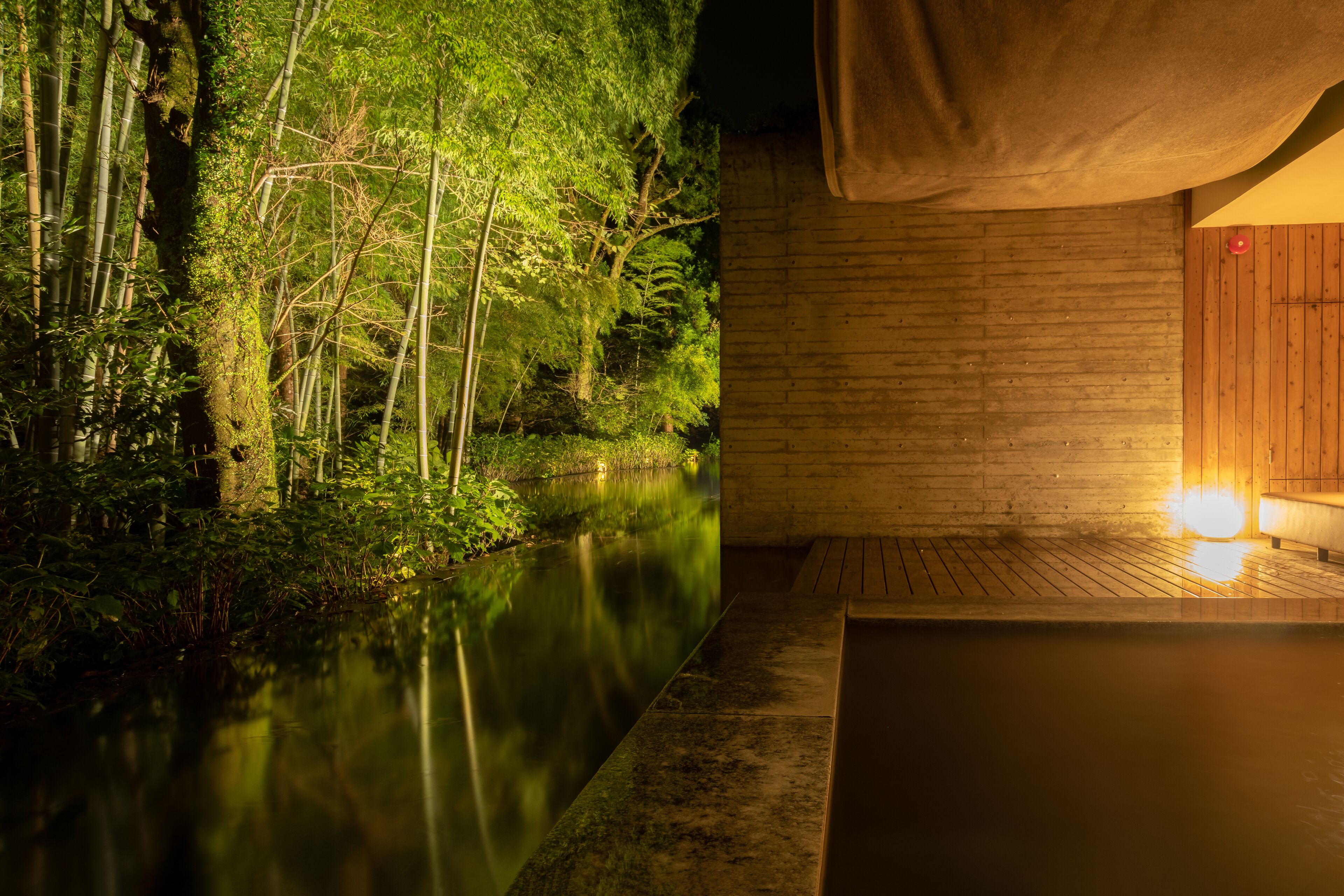 A serene indoor setting with a wooden deck overlooking a calm water body, surrounded by lush greenery.