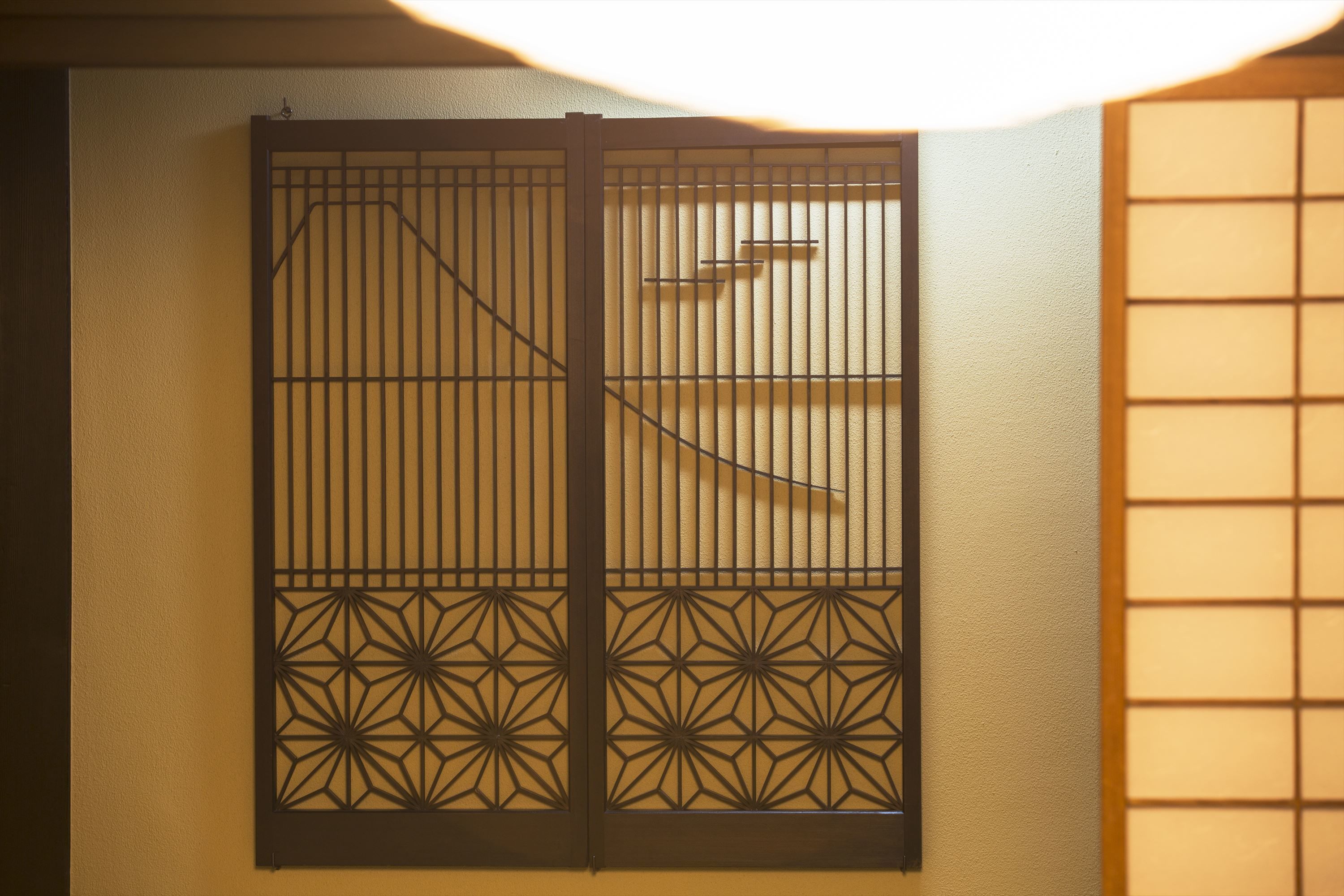 A traditional Japanese sliding door with geometric patterns.