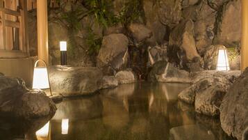 A tranquil indoor water feature with rocks and plants, illuminated by two wall-mounted lights.