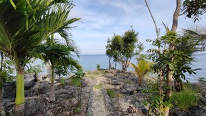 Un sendero rocoso que lleva a una masa de agua con vegetación tropical.