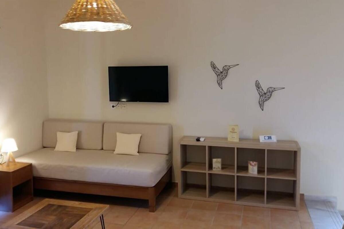 A room with a sofa, a TV mounted on the wall, and two wall art pieces of birds.
