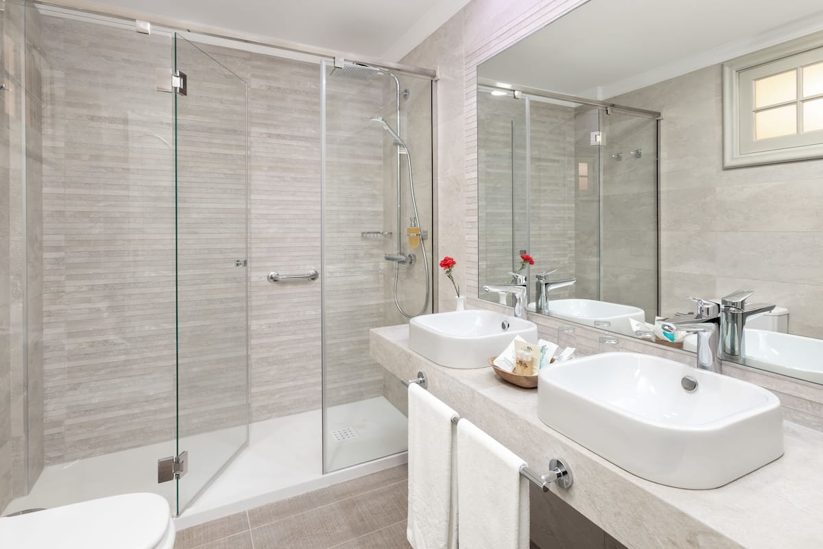 combined shower/bathtub, free toiletries, hair dryer, bathrobes