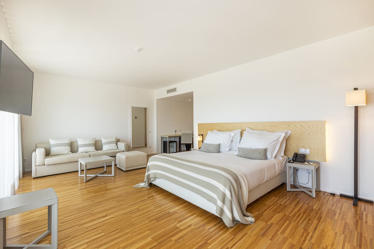 Een moderne hotelkamer met een groot bed, een bank, een bureau en een televisie.