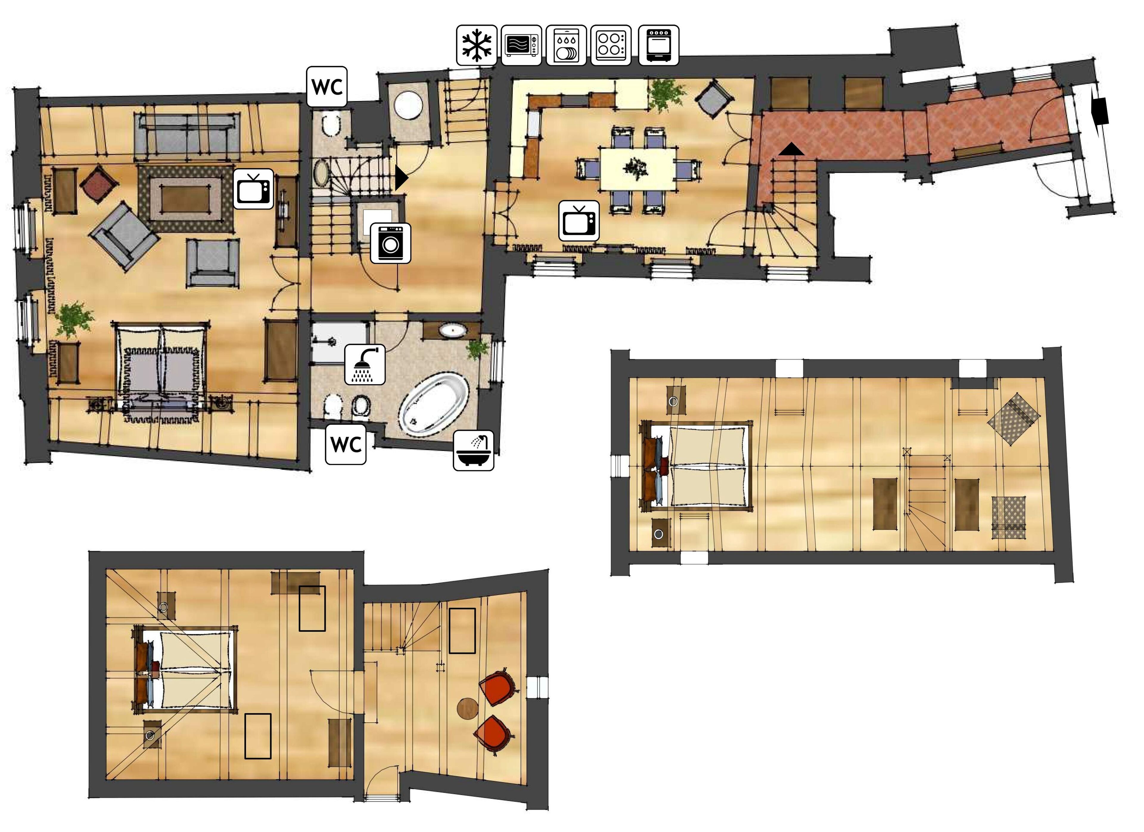 A hotel layout with multiple rooms, a dining area, and a kitchen.