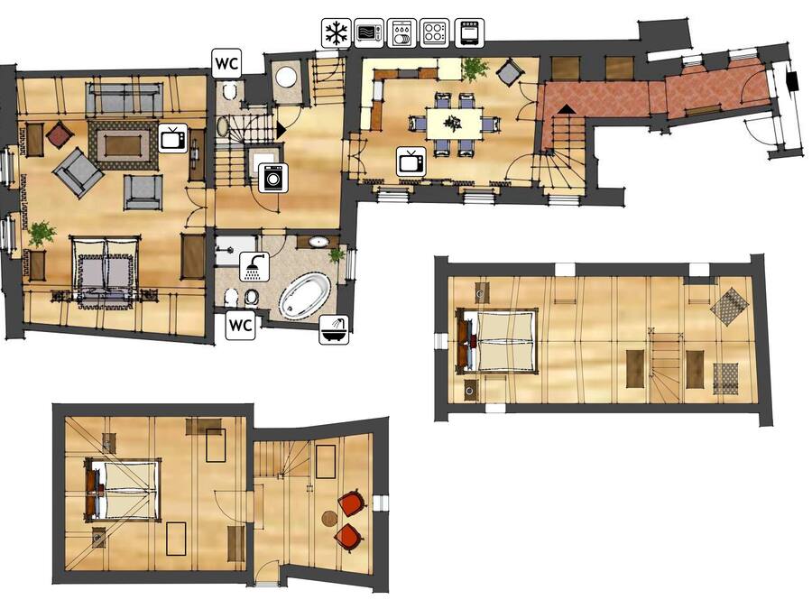A hotel layout with multiple rooms, a dining area, and a kitchen.