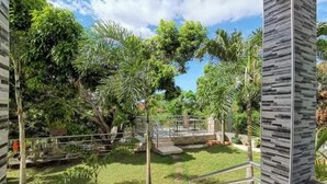Un patio con muro de piedra, barandilla de metal y abundante vegetación, incluyendo palmeras.