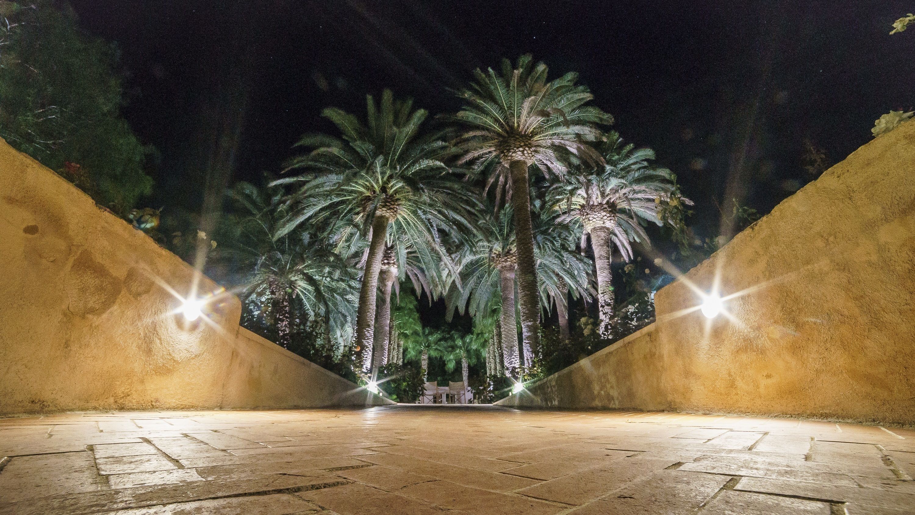 A nighttime view of a paved pathway leading to a small structure surrounded by palm trees, with two walls on either side.
