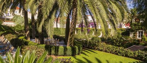 Un giardino curato con palme, un prato ben tagliato e un'area pranzo con tavoli e sedie.