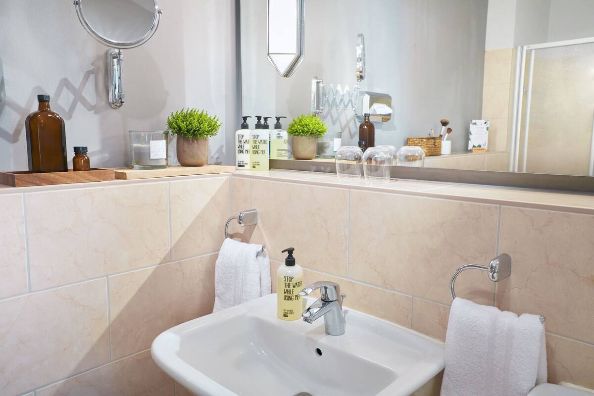 deluxe double room | bathroom | free toiletries, hair dryer, towels, soap