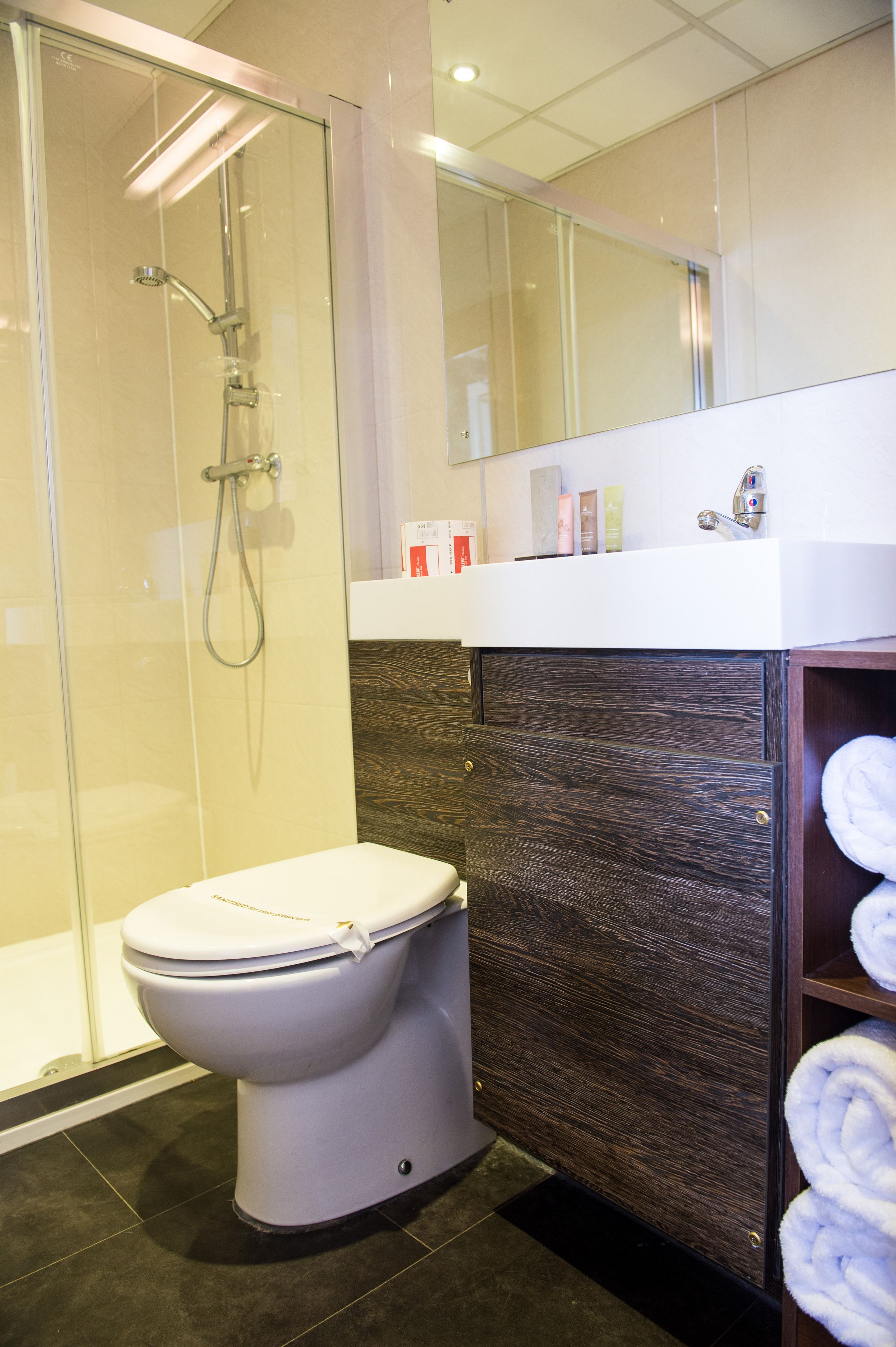 A modern bathroom with a glass-enclosed shower, a white toilet, and a wooden vanity with a mirror above it.