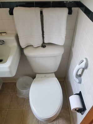 A bathroom with a toilet, bidet, and a towel rack.