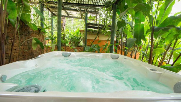 A hot tub surrounded by lush greenery and a stone wall. - La Semilla Ecolodge (24 de Diciembre)