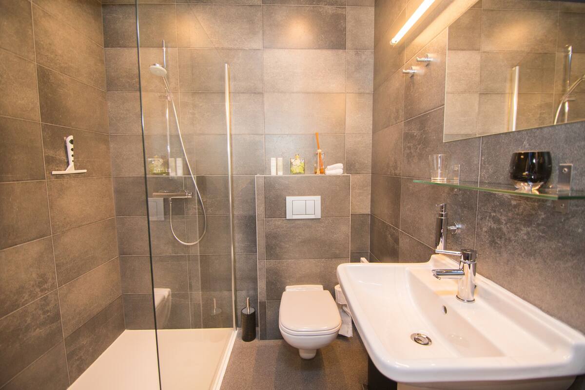 deluxe double room | bathroom | shower, free toiletries, hair dryer, slippers