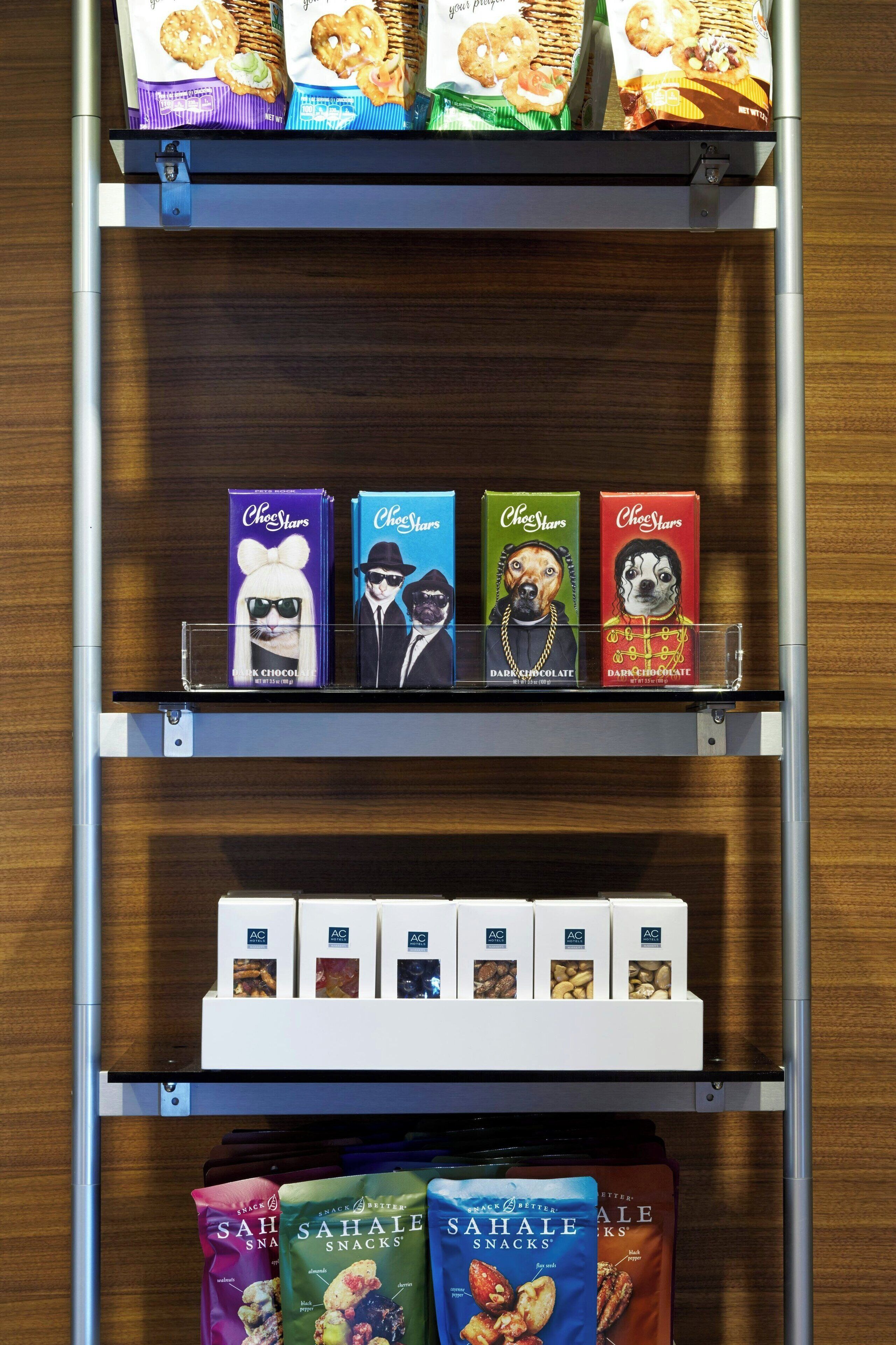 A snack display with various chocolate and snack packages.