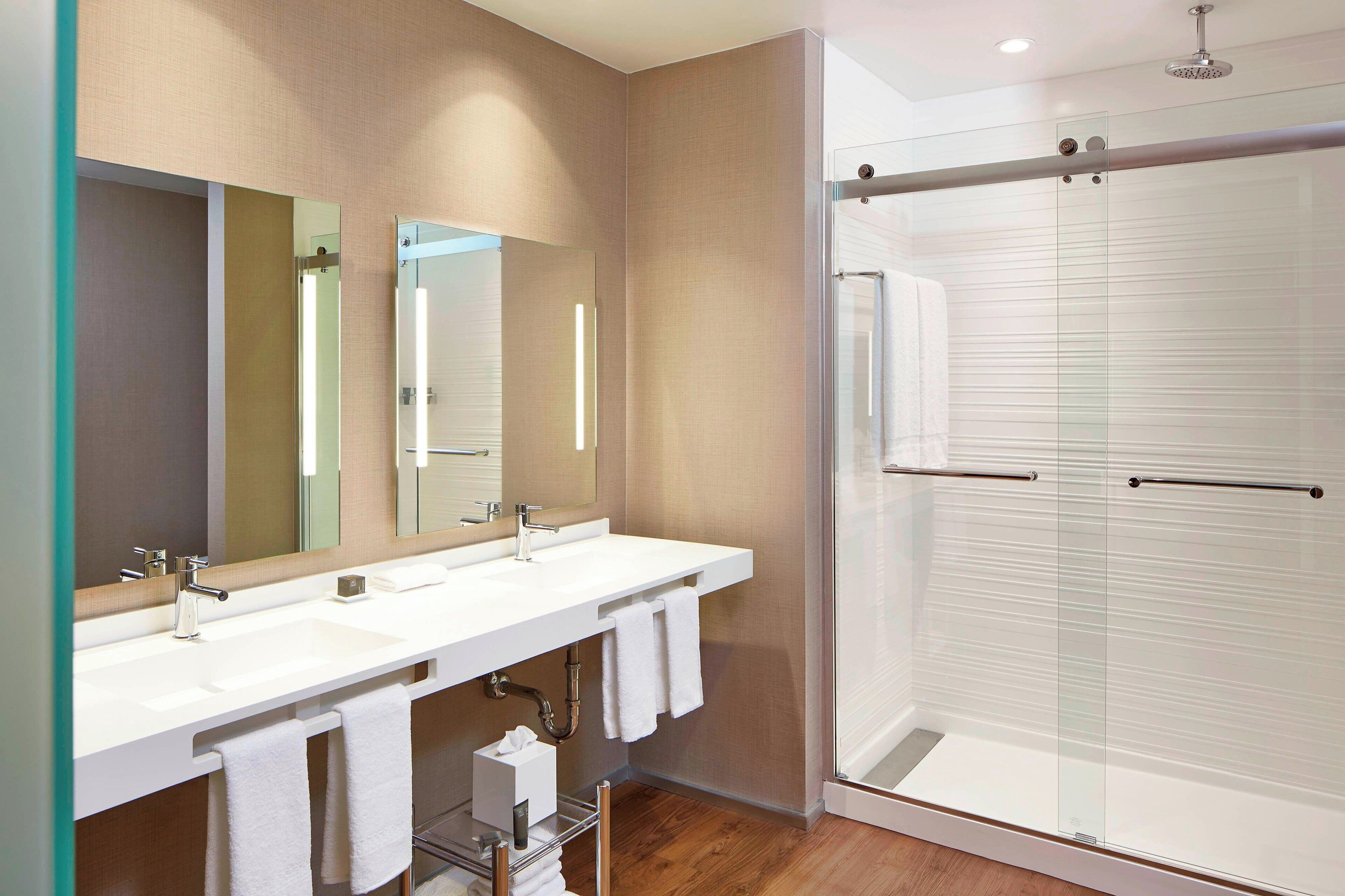 shower, rainfall showerhead, hair dryer, bathrobes