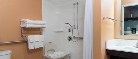 A bathroom with a shower, toilet, and a sink with a mirror.