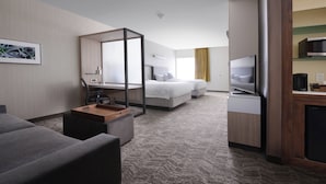 Habitación de hotel moderna con una cama grande, un escritorio con silla, un televisor y un microondas.