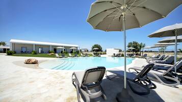 Un espace piscine avec des chaises longues et des parasols, un ciel d’un bleu éclatant et un bâtiment en arrière-plan.