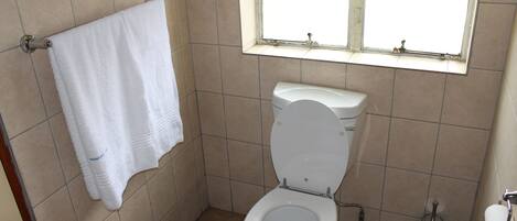 Un baño pequeño con un inodoro, una toalla colgada en un perchero y una ventana con cortinas.