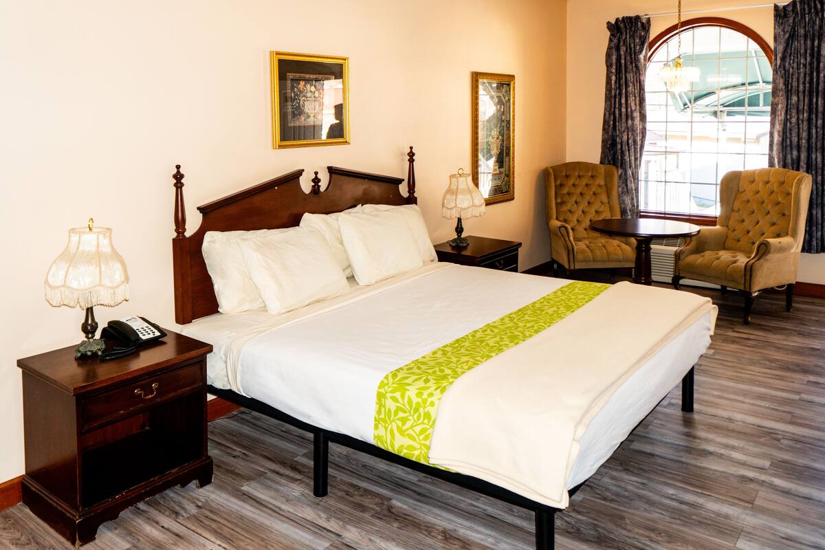 A hotel room with a large bed, a nightstand with a lamp, a chair, and a window with curtains.