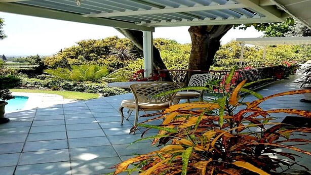 Un patio abrité avec une piscine, des chaises et des plantes en pot.
